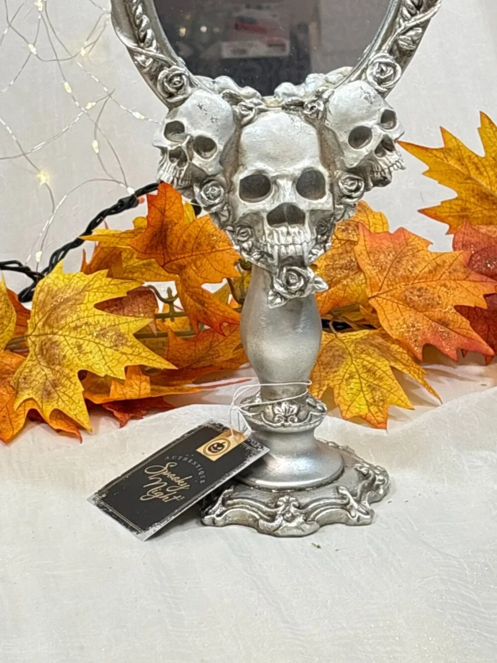 Halloween White Silver Skull Vintage Gothic Roses Vanity table top Mirror Decor